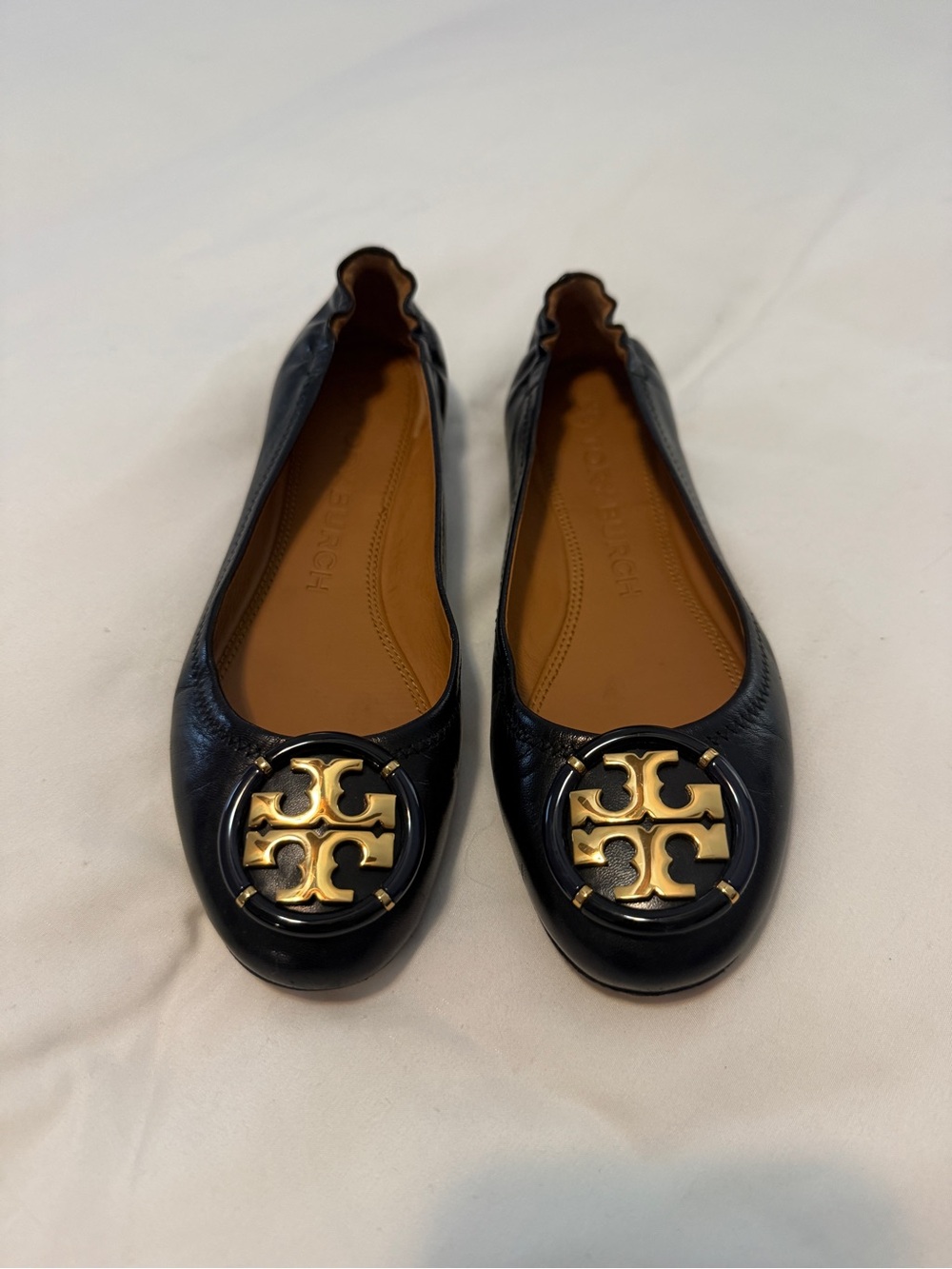 Tory Burch Black Leather Logo Ballet Flats with Gold Medallion